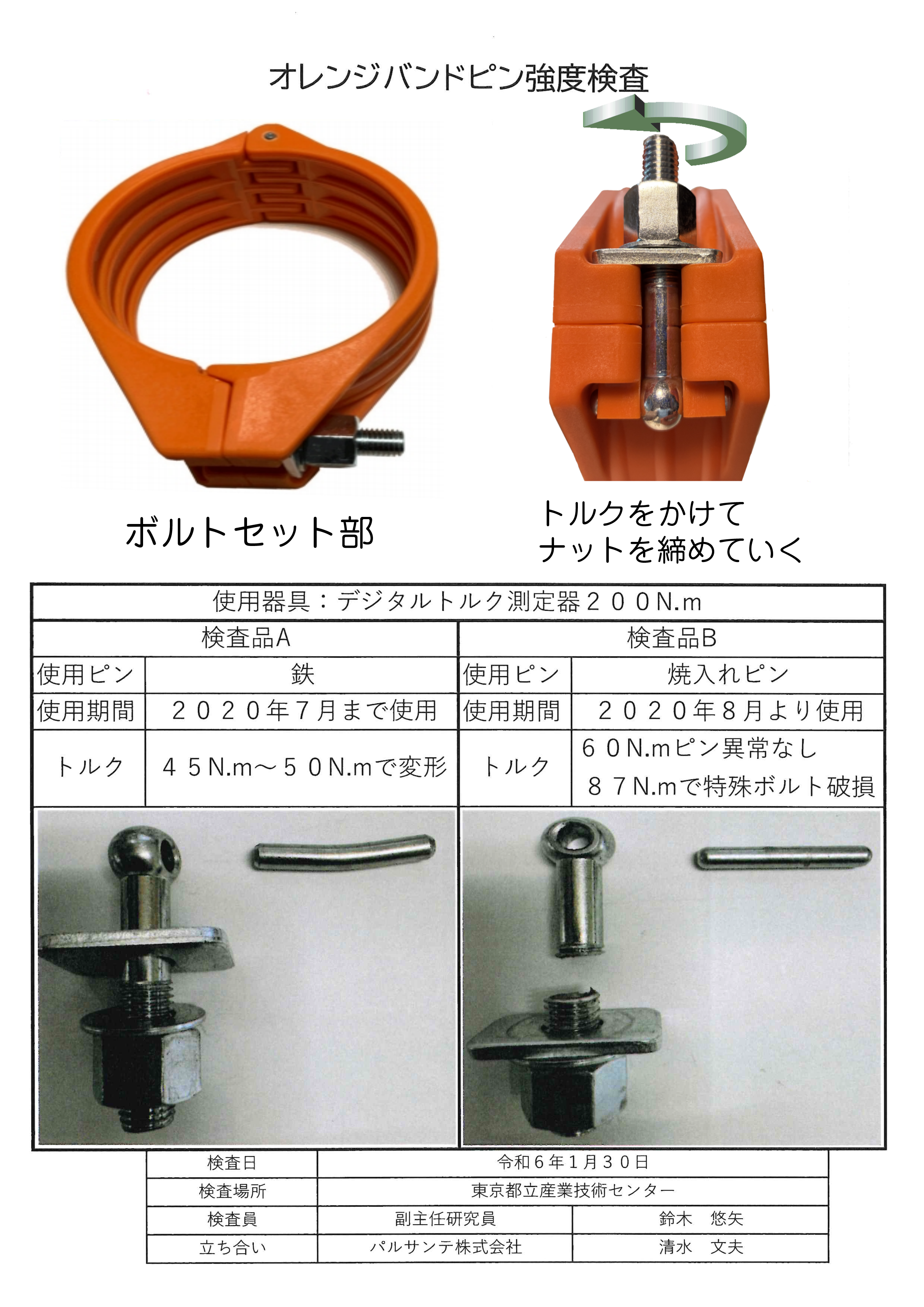 オレンジバンド（ホースバンド）を東京都立産業技術センターに持ち込み「郷土検査」を行ってもらいました。その結果、60N.mでもピンの異常はありませんでした。この結果を受け、当社では「23N.m」を最強締付限界として使用をお勧めしています。